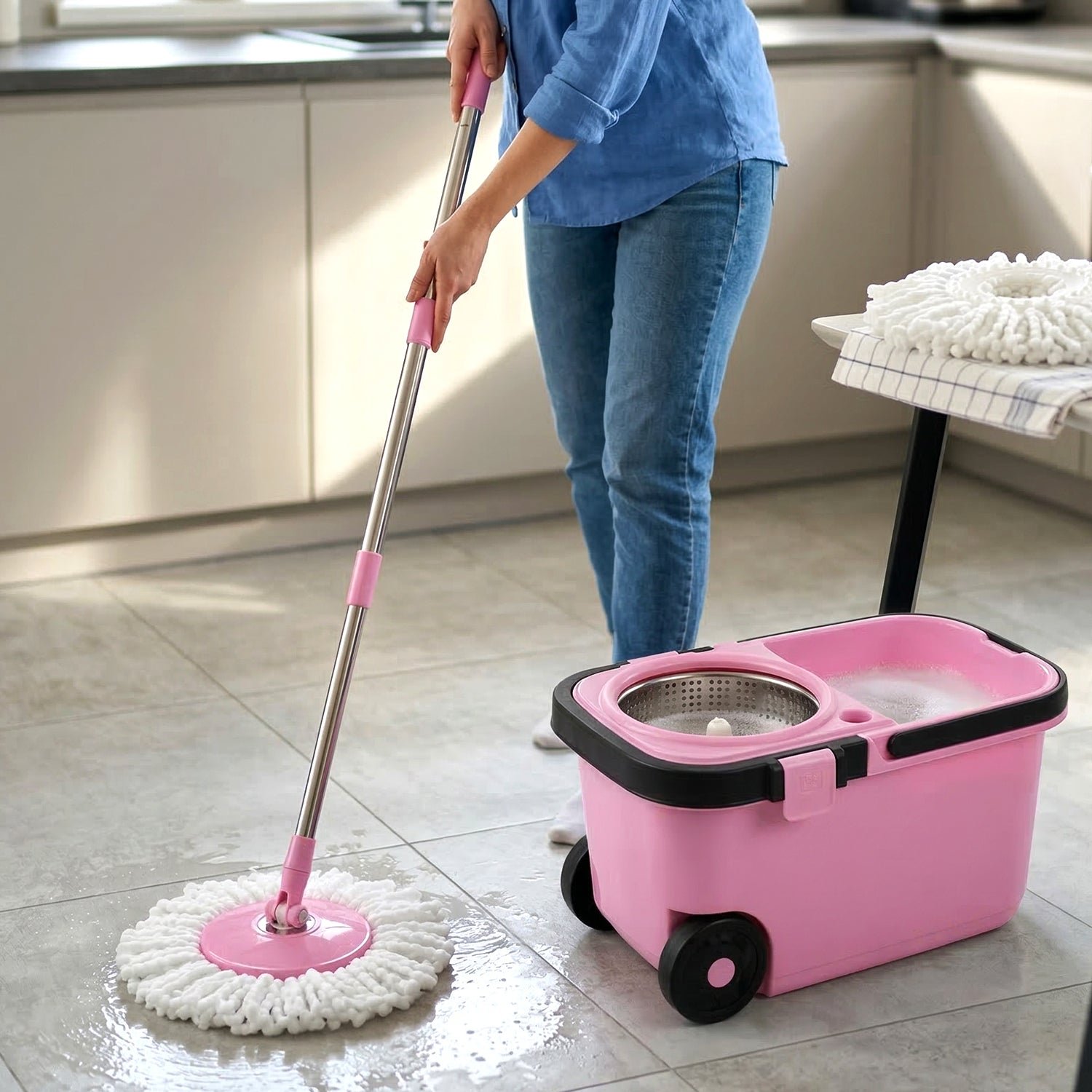 Quick Spin Mop – Easy Wheel Steel Bucket | Velvet Wipe