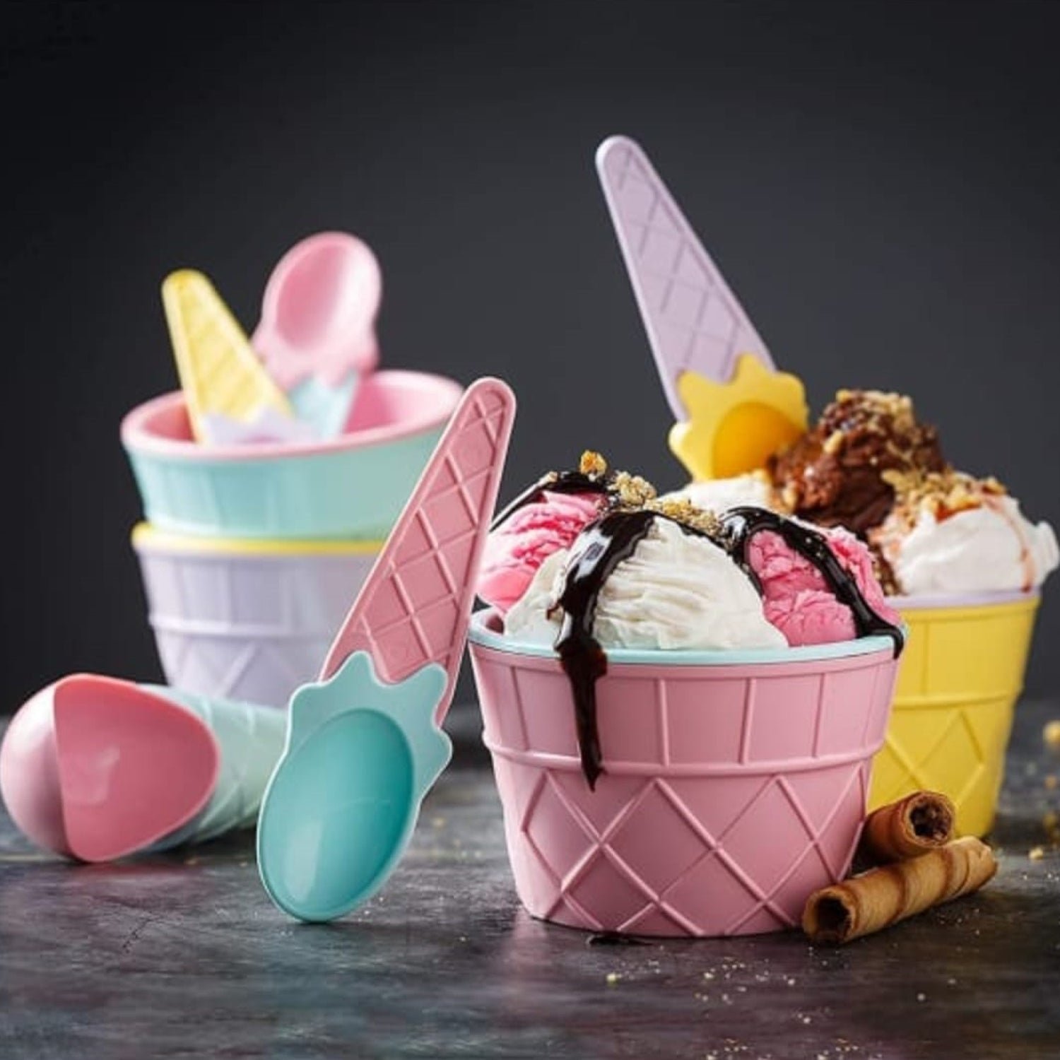 Ice Cream Bowl Set – 6 Pc Waffle Spoon | Lunchie Bunchie