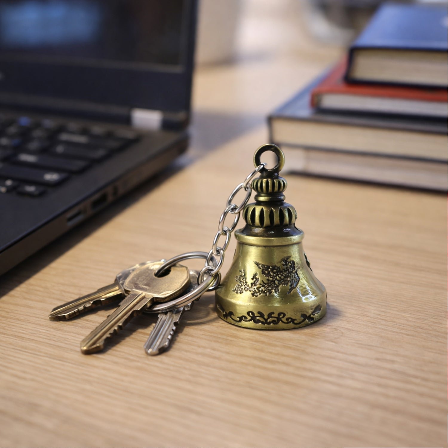 Temple Bell Keychain – Spiritual Metal Charm for Keys and Bags