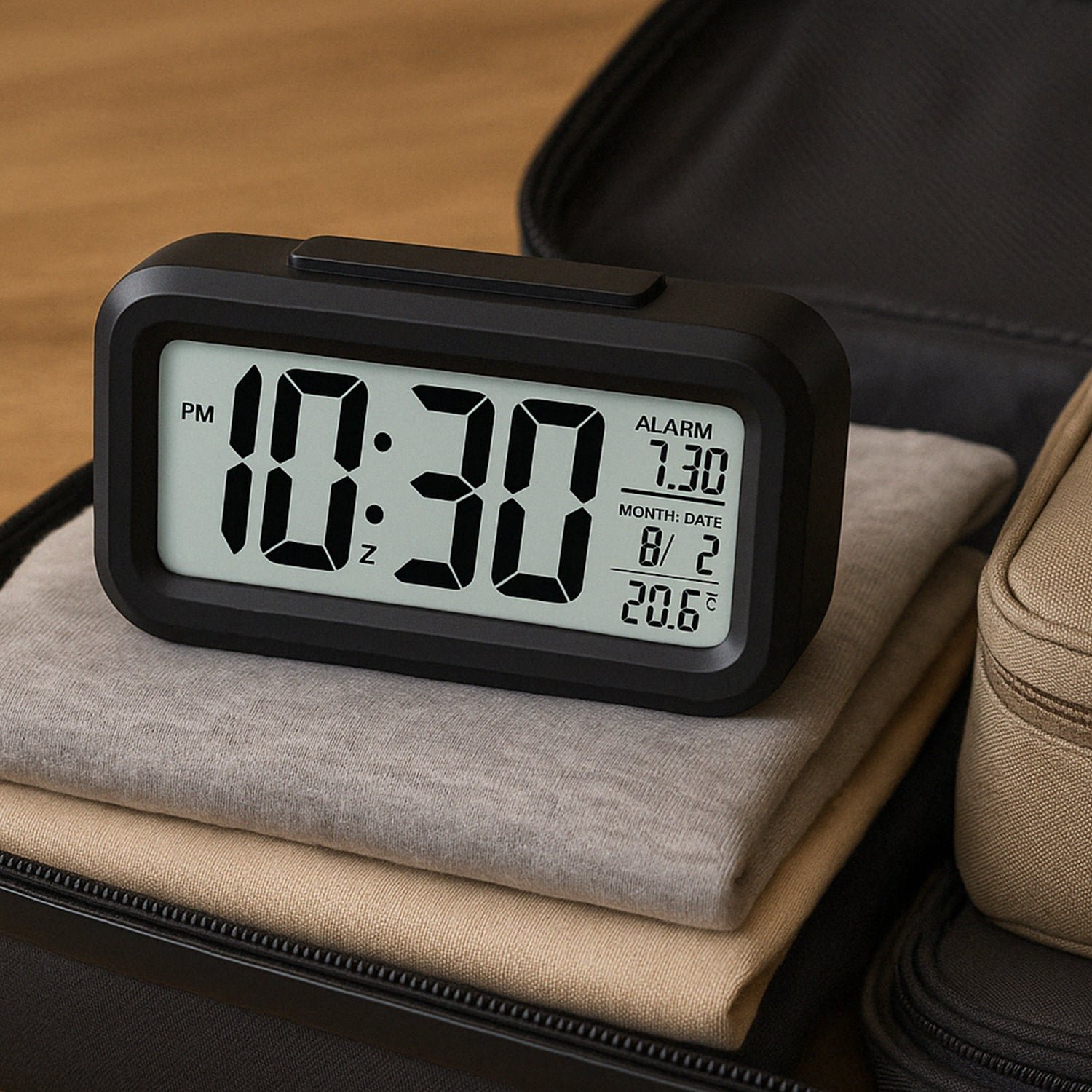 Digital LCD Alarm Clock – Backlit Display with Time & Temperature