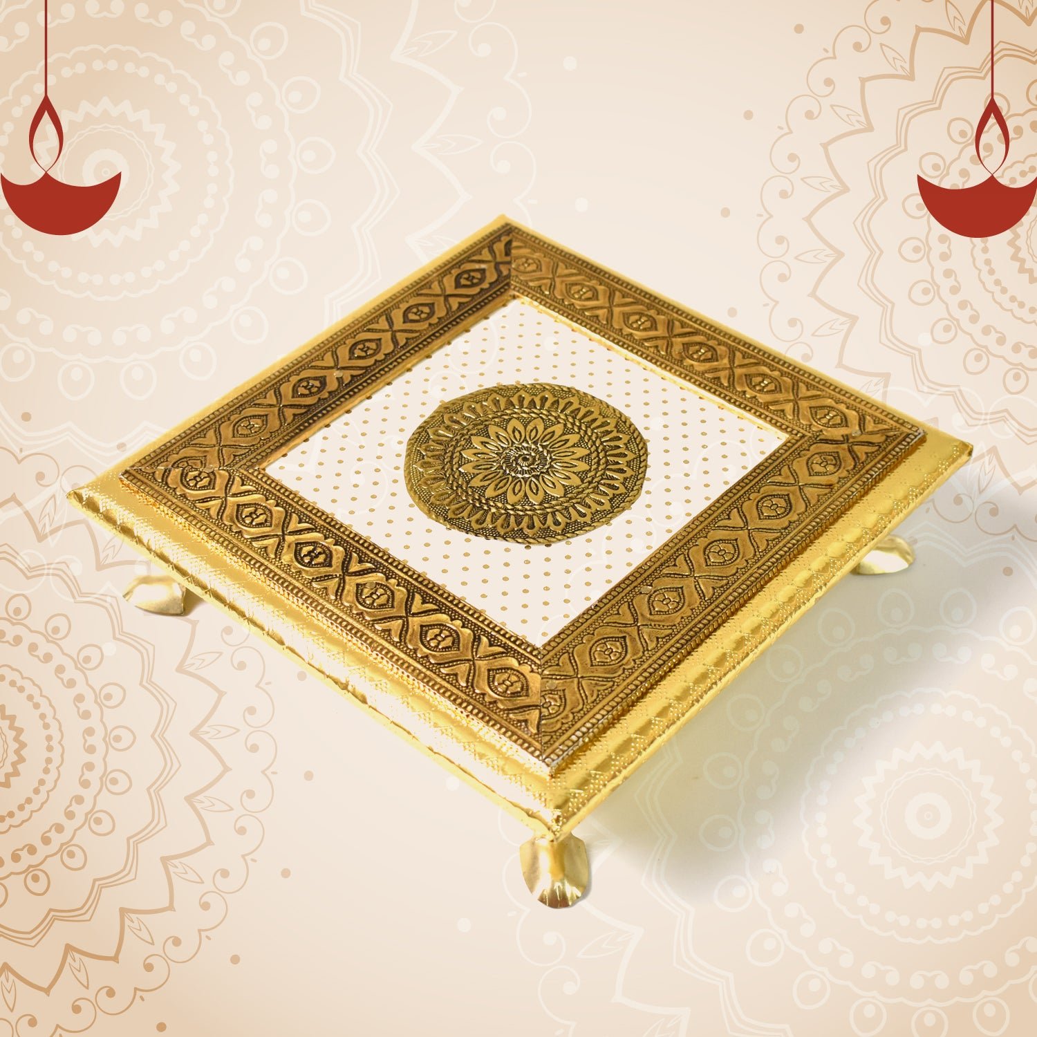 Pooja Chowki – Golden Square Wooden Bajot (20x20 CM) | Styleva