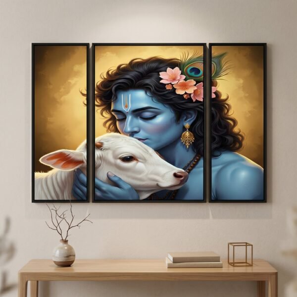 Krishna N Cow Wall Art – Vibrant 3 Panel MDF Design for Home