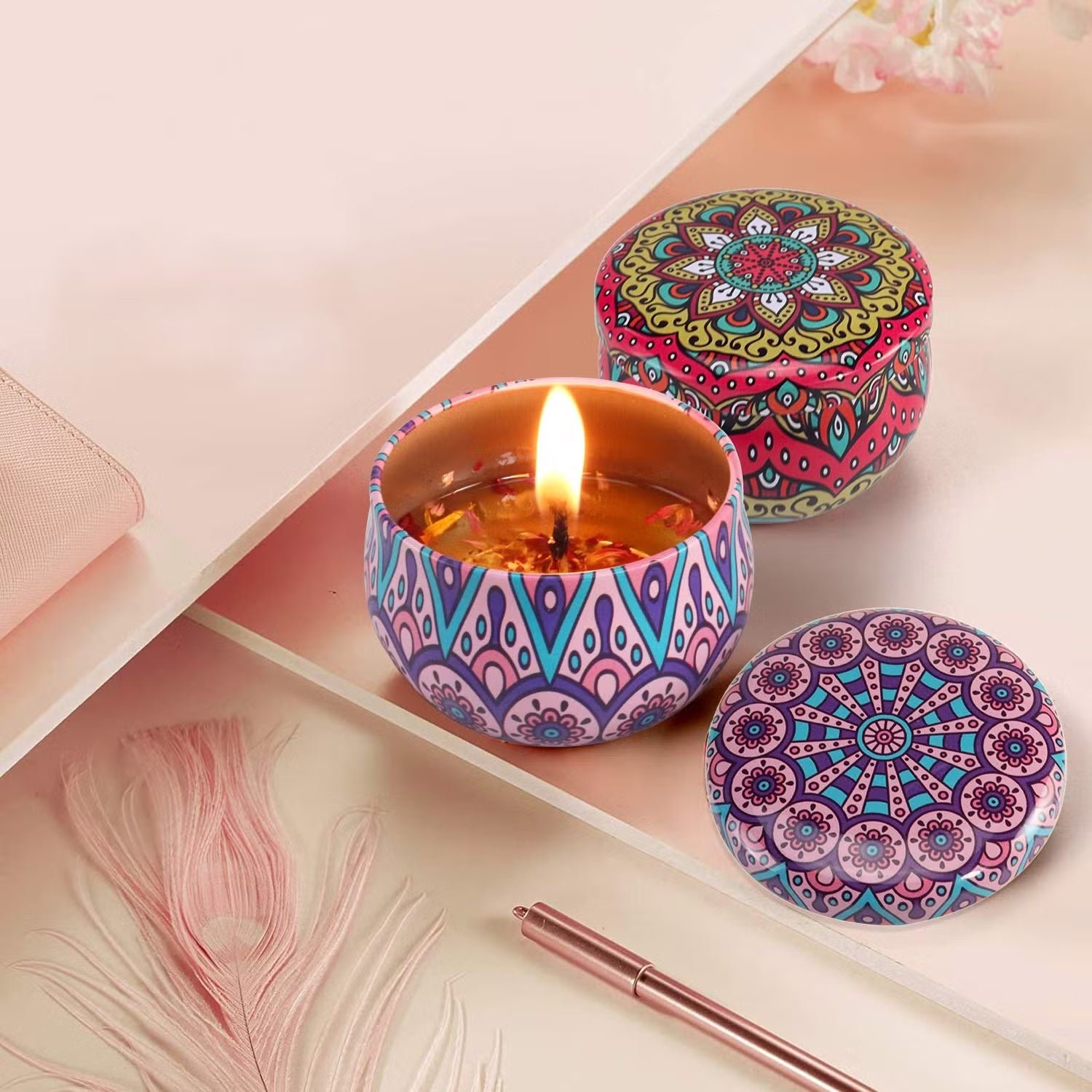 Mandala Printed Metal Candle Container – Reusable 4 Piece Set