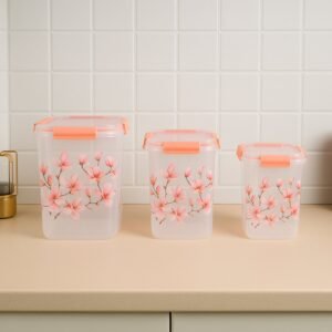 Airtight Food Storage Set – Square Floral Design, 3 Pcs