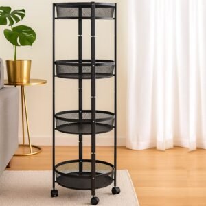 4-Layer Round Metal Mesh Storage Trolley with Wheels