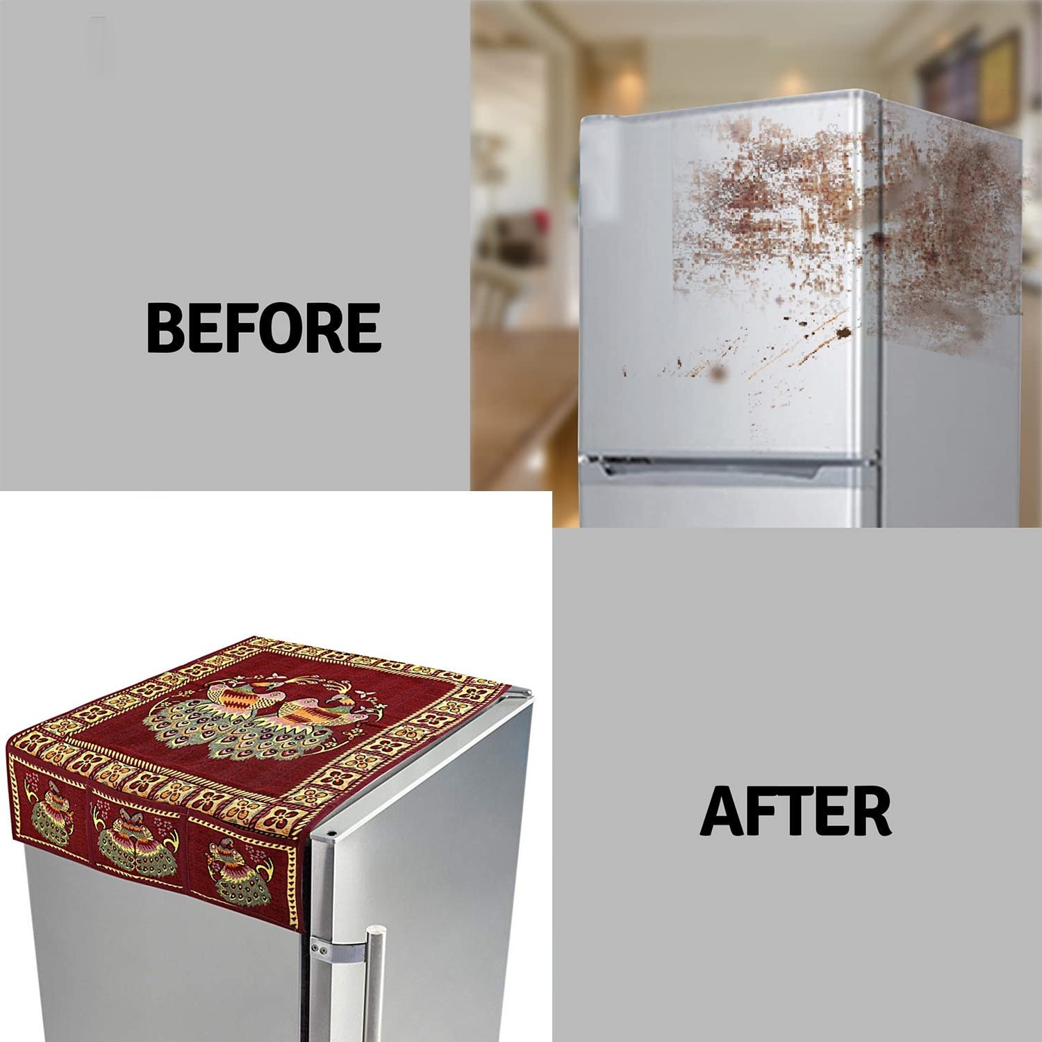 Cotton Fridge Top Cover – Peacock Design with Pockets | Dabster