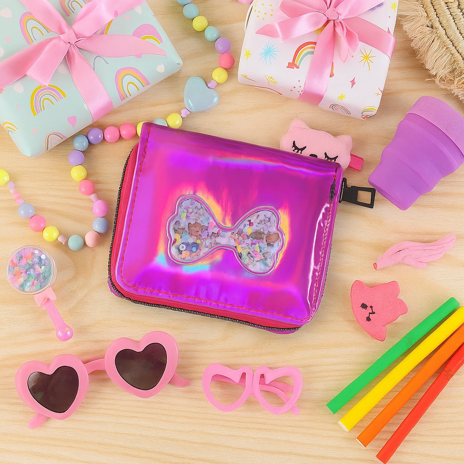 Kids Wallet – Vibrant Holographic Zip Closure with Glitter Bow