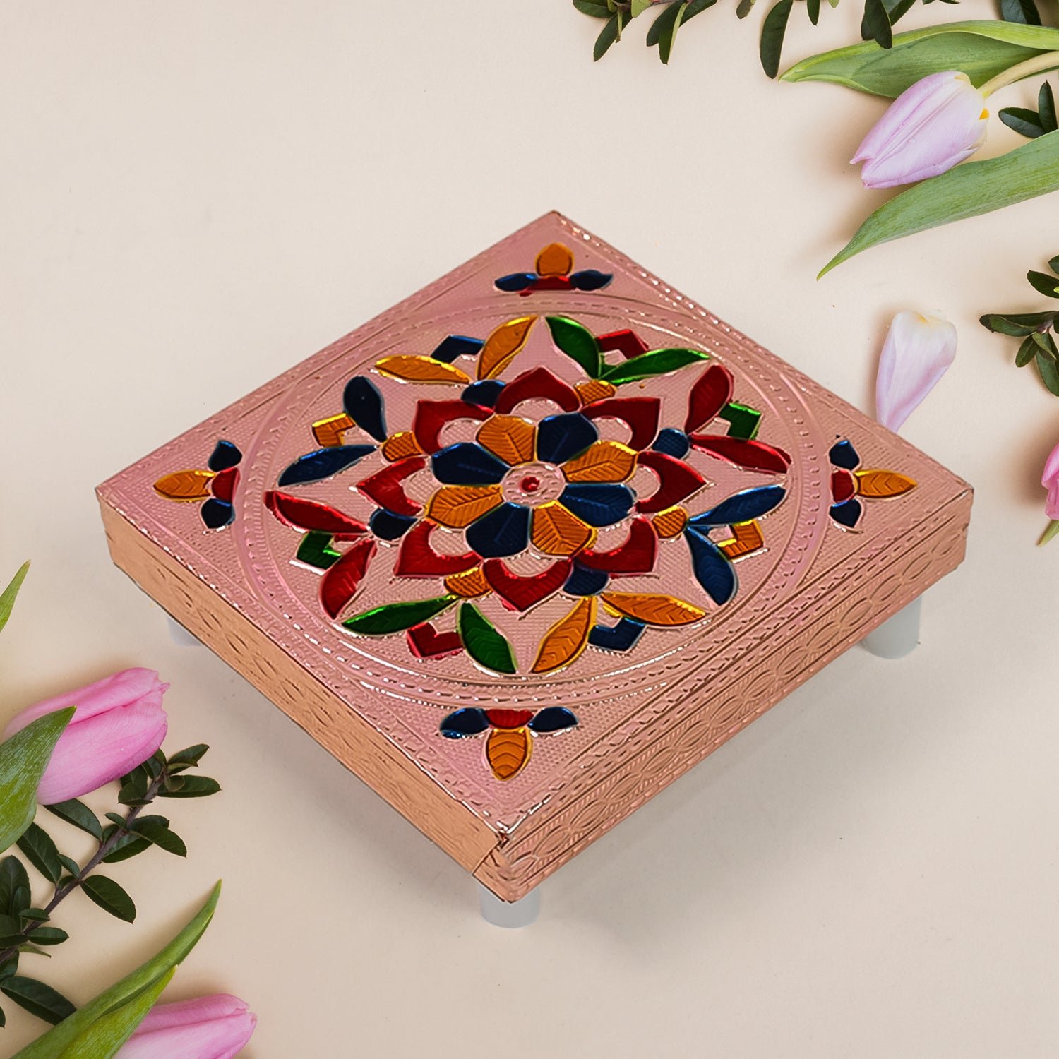 Meenakari Puja Chowki – Handcrafted Wooden Bajot Set | VoltDesk