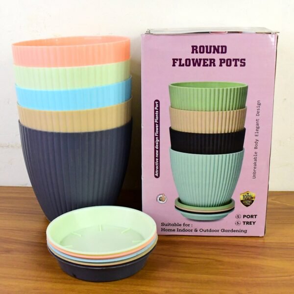 Plastic Flower Pot Set – Round 5 Pcs with Tray |