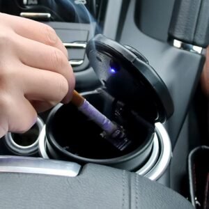 Car Ashtray with Lid & Blue LED Light – Portable Smokeless Design