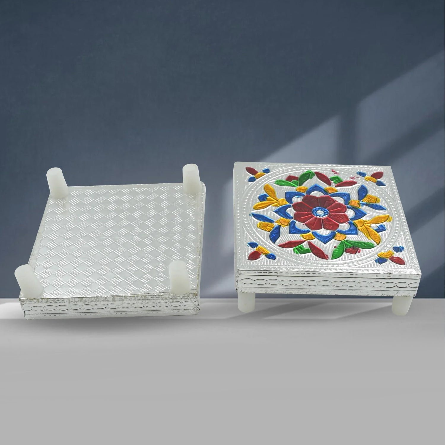 Meenakari Wooden Chowki – Handmade Puja Bajot Set for Home | VoltDesk