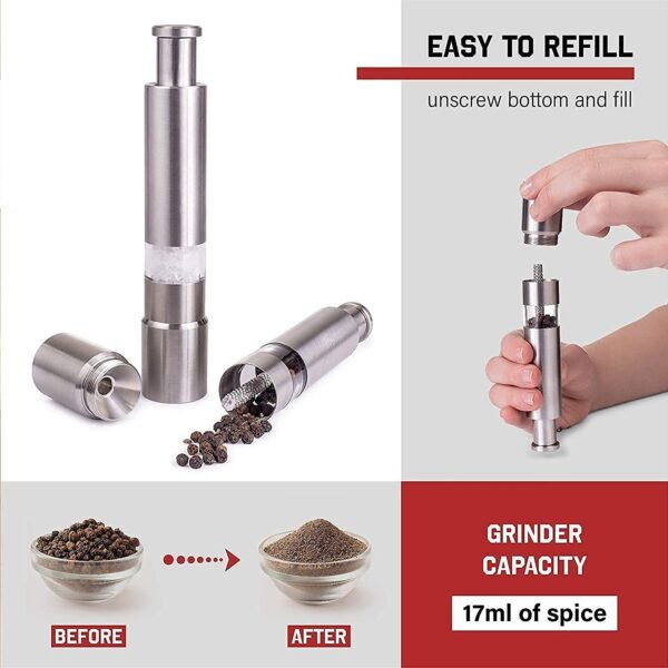 Thumb Press Grinder – Steel Salt & Pepper Mill | ProChef Gadgets