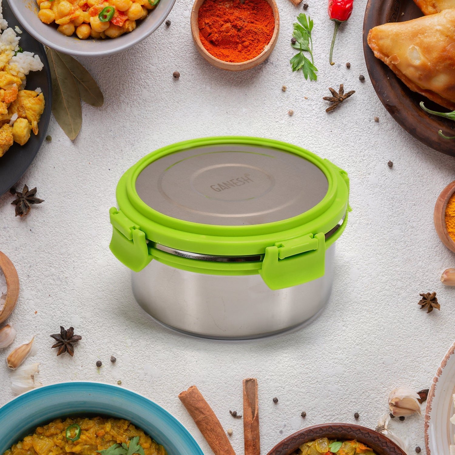 Stainless Steel Lunch Box – Round, Leak-proof 400ml | Ganesh