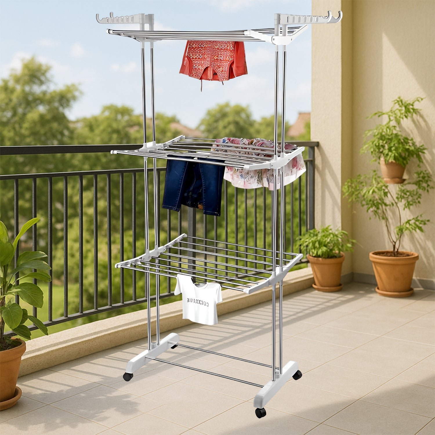 Cloth Drying Stand – 3-Tier Foldable Stainless Steel with Wheels