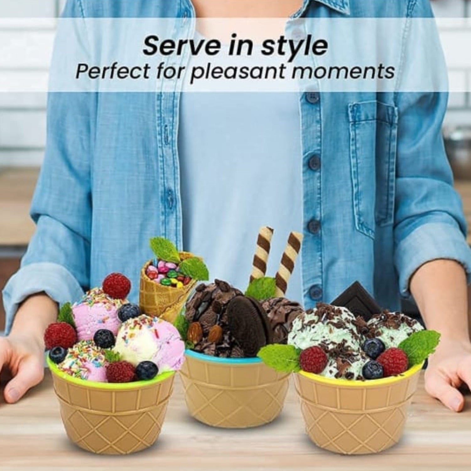 Ice Cream Bowl Set – 6 Pc Waffle Spoon | Lunchie Bunchie