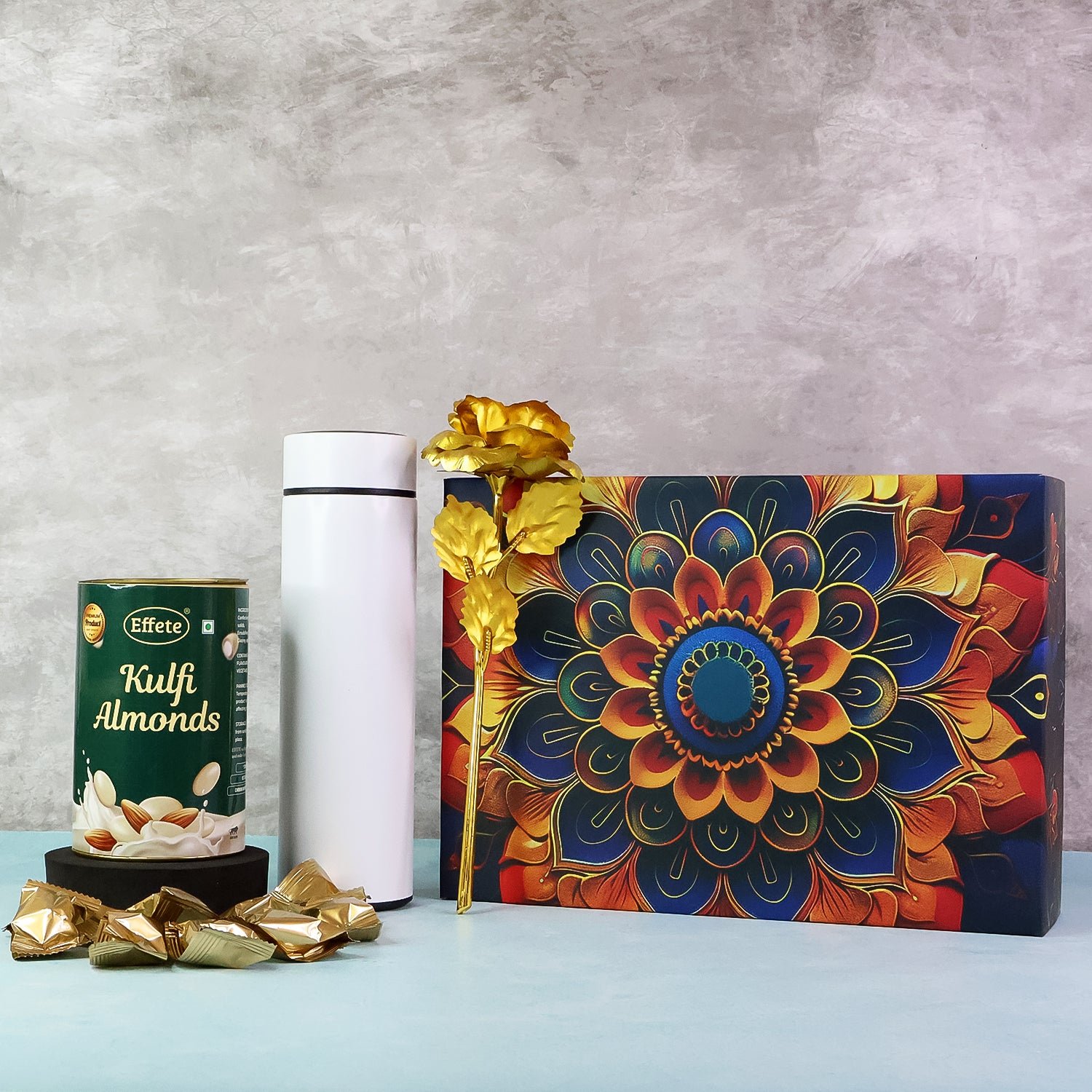 Kulfi Almonds Gift Hamper – Elegant Golden Rose & Stainless Steel Bottle