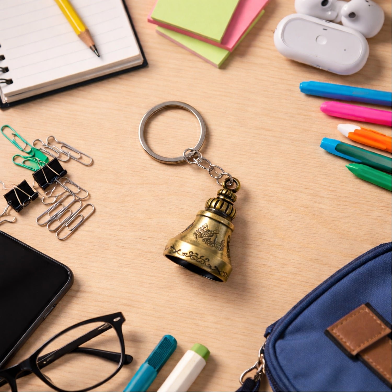 Temple Bell Keychain – Spiritual Metal Charm for Keys and Bags