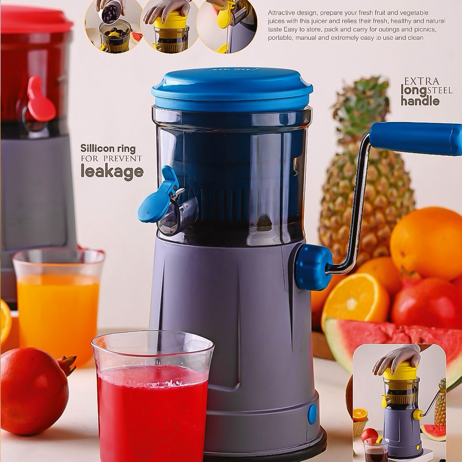 Fruit Juicer with Extra Long Handle & Silicone Ring – Easy Manual Juicing