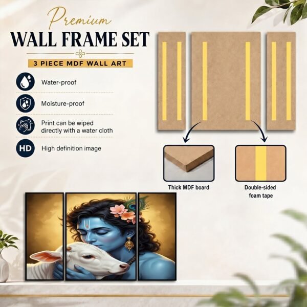 Krishna N Cow Wall Art – Vibrant 3 Panel MDF Design for Home