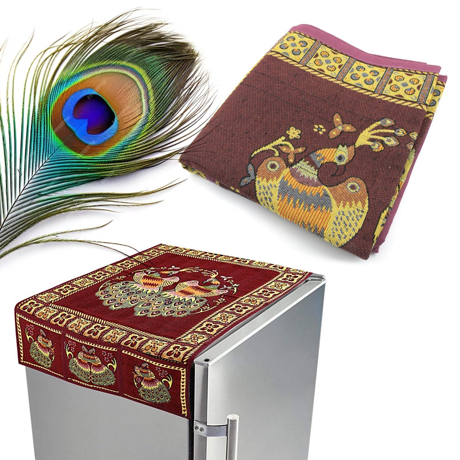 Cotton Fridge Top Cover – Peacock Design with Pockets | Dabster