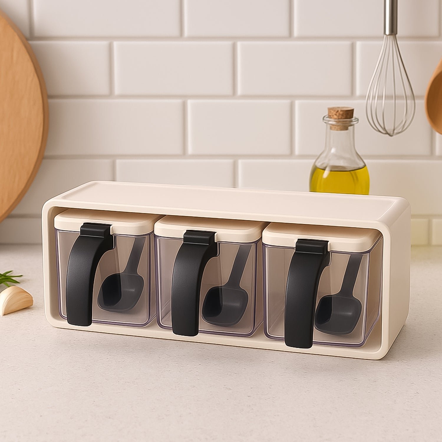Modular Spice Storage Box Set – 3-Pc with Stand & Spoons