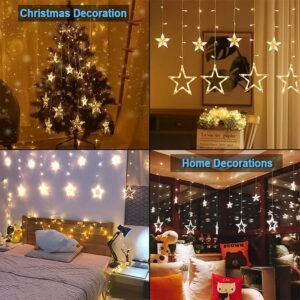 LED Curtain Lights – 12 Star Warm White for Home & Diwali | Giftoiza