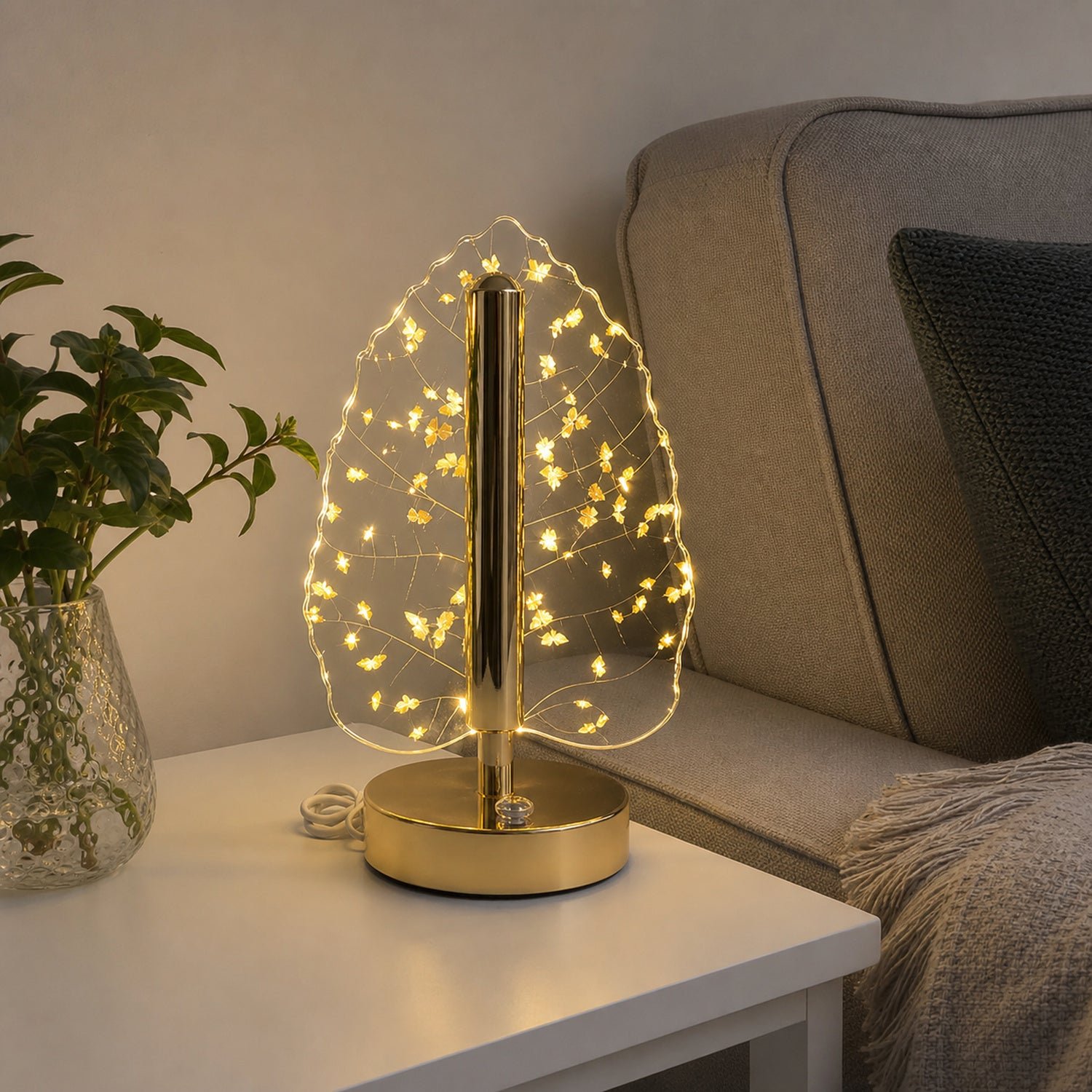 Golden Crystal Leaf LED Table Lamp – USB Charging & Warm Light