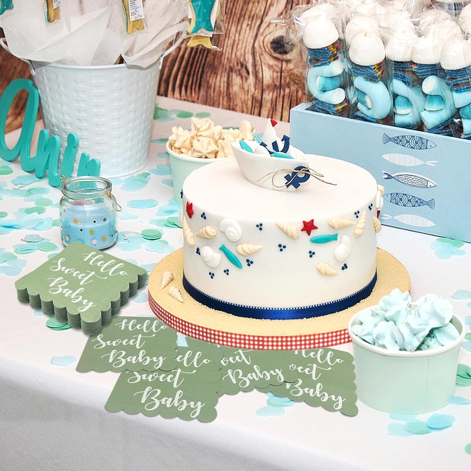 Hello Sweet Baby Party Paper Napkins – Soft Mint Green 24 Pc