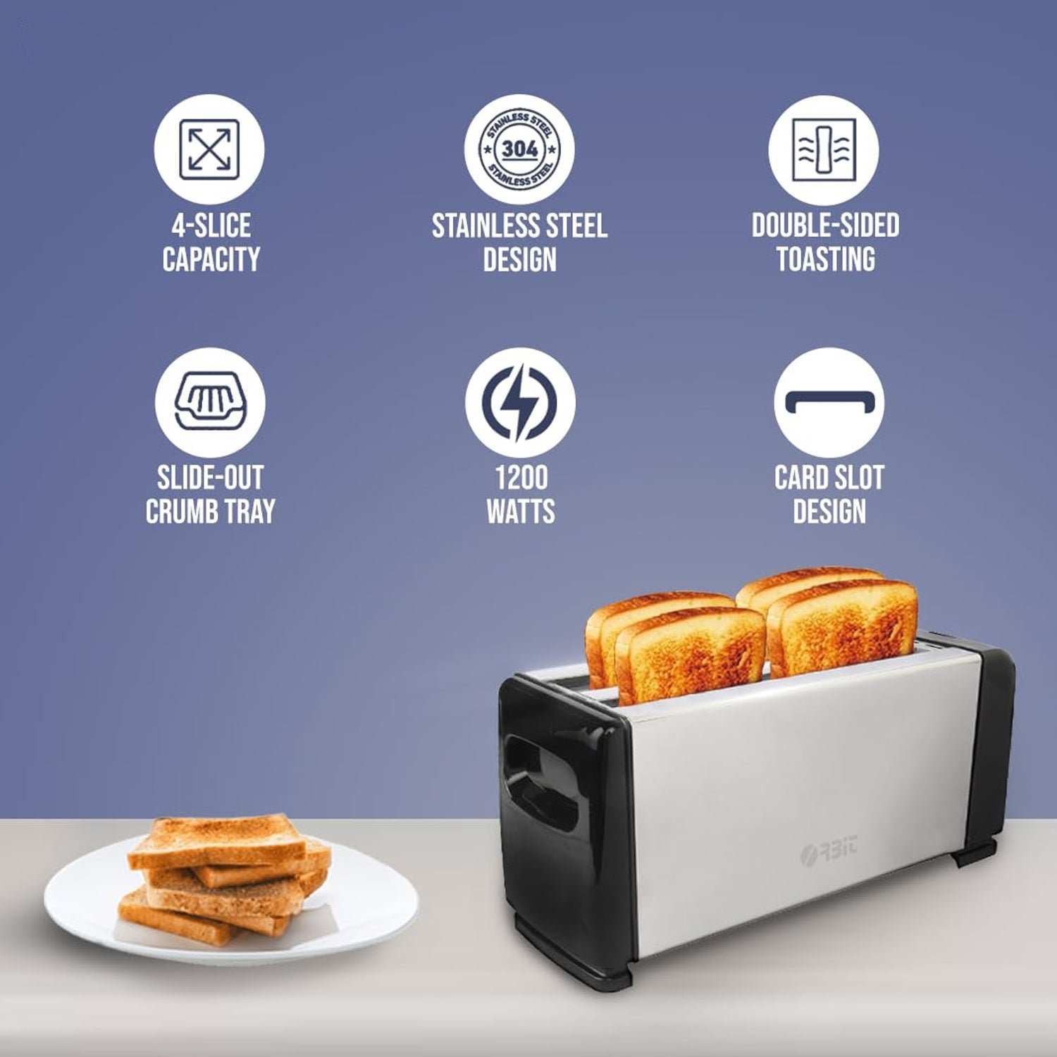 Pop-Up Toaster 1200W – 4-Slice Adjustable Browning Stainless Steel