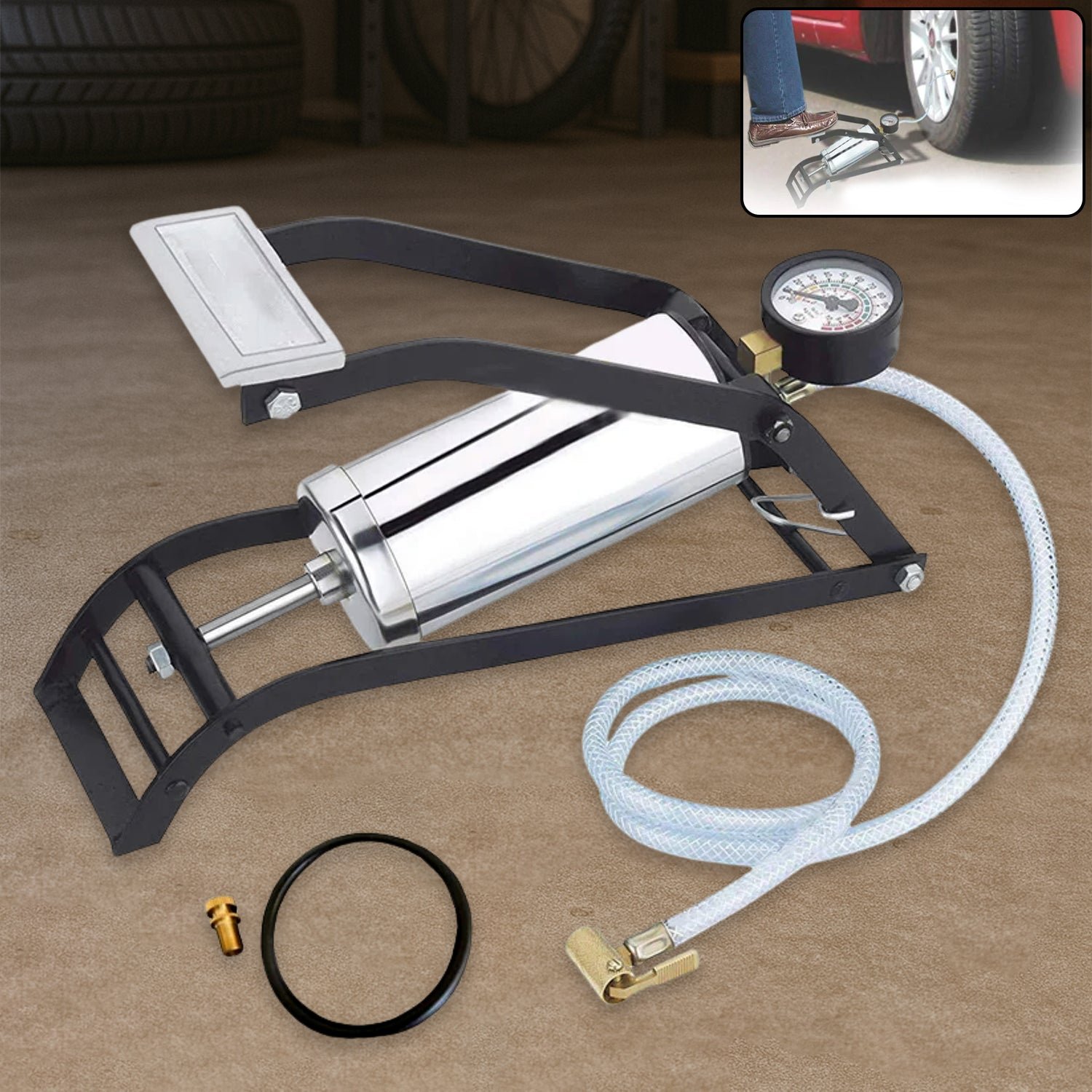 0522_steel_ind_foot_pump Steel Foot Pump – Heavy Duty Car & Bike Tire Inflator | Carivox