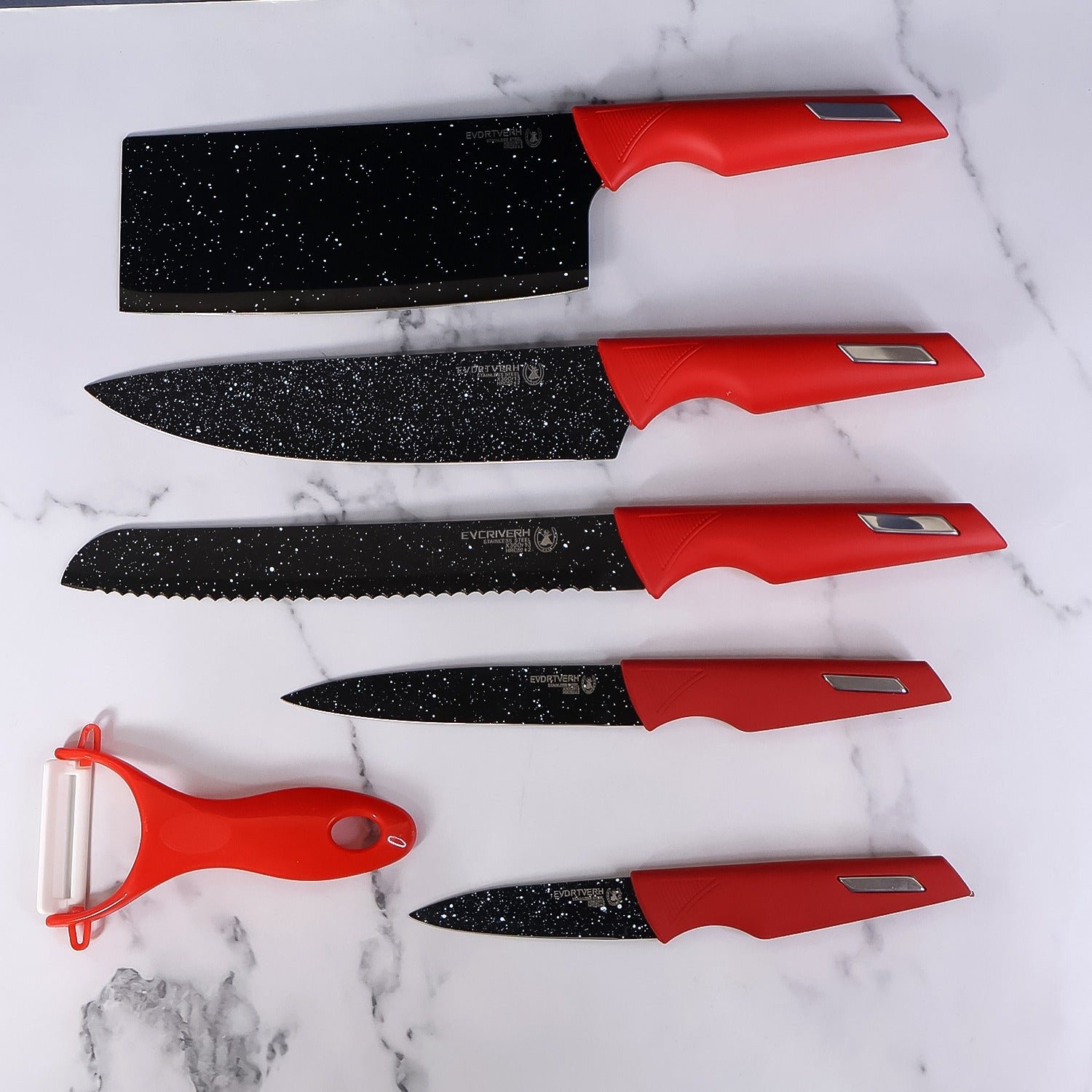 Kitchen Knife Set – Marble-Coated Blades & Ergonomic Red Handles
