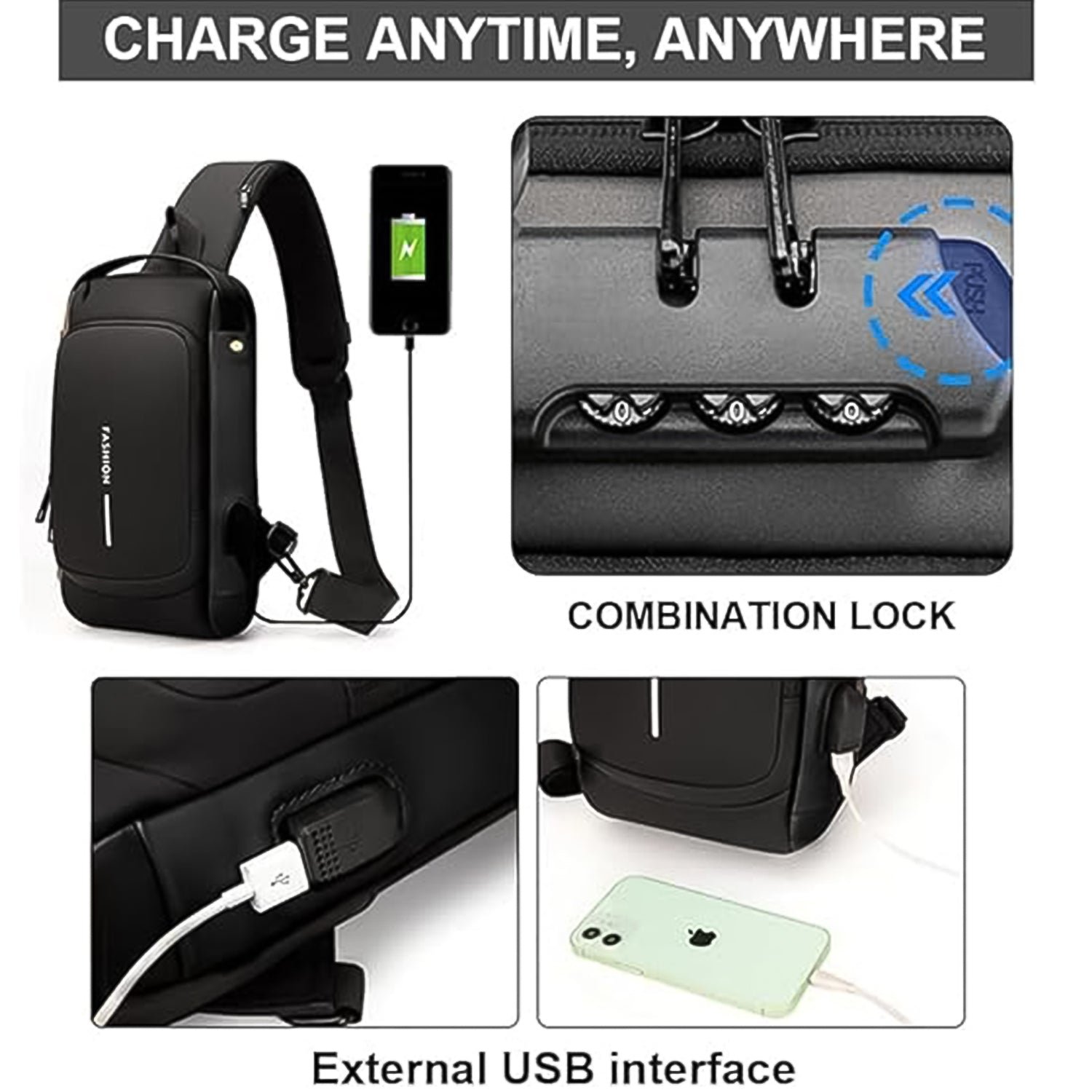 Anti-Theft Crossbody Sling Bag – Secure USB Charging Port