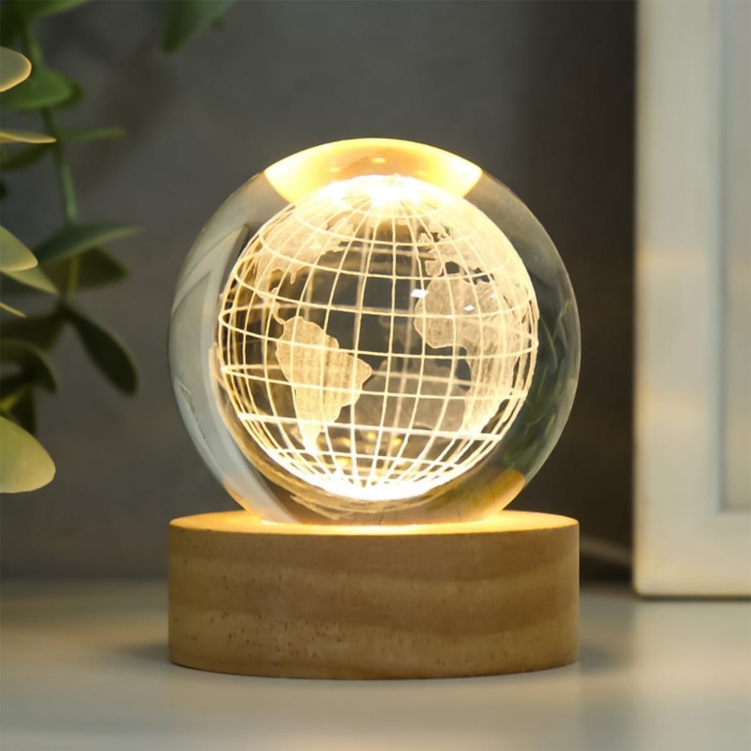 3D Crystal Ball Lamp – World Globe Design, Wooden Base | Indo Glow