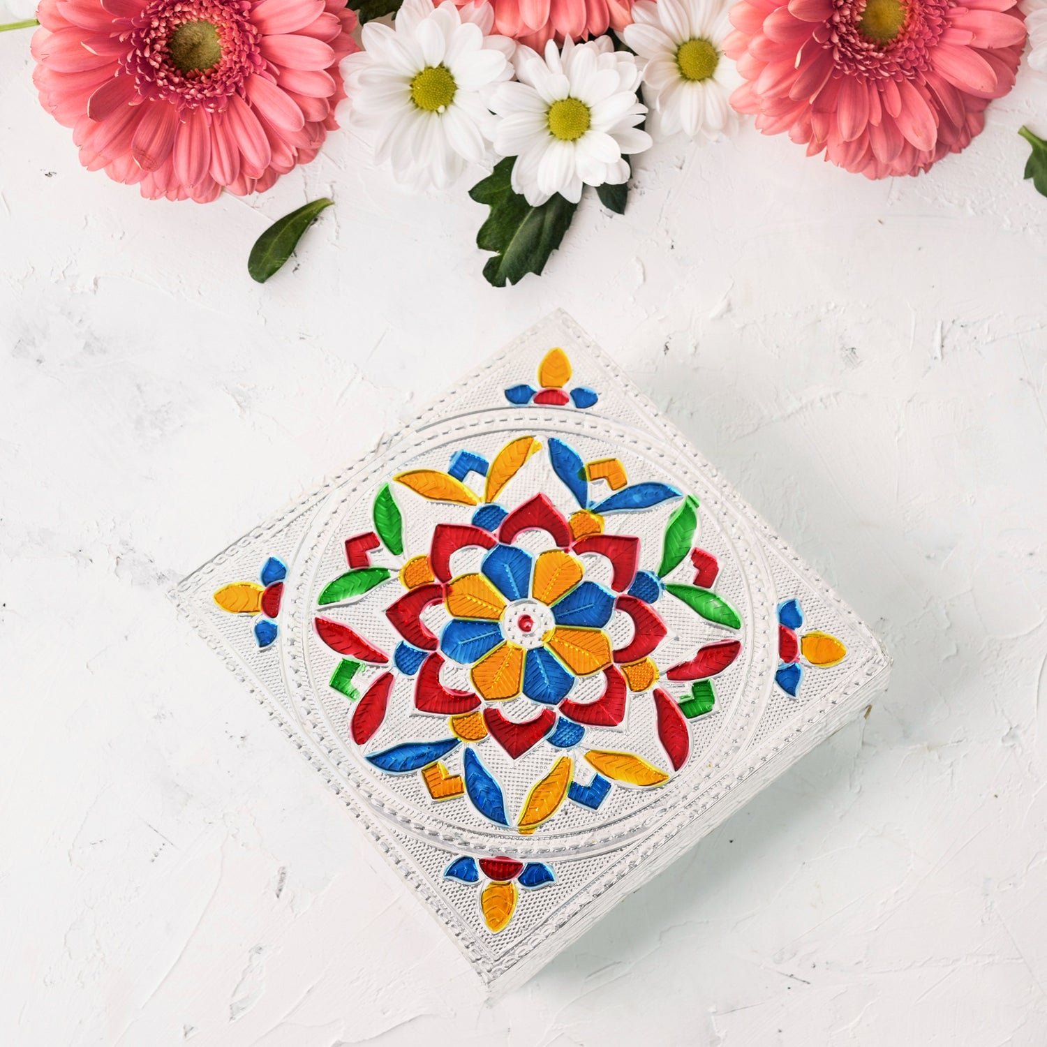 Meenakari Wooden Chowki – Handmade Puja Bajot Set for Home | VoltDesk