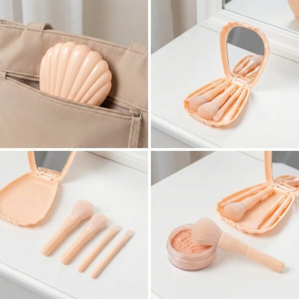 5 in 1 Makeup Brush Set – Compact Kit with Built-in Mirror