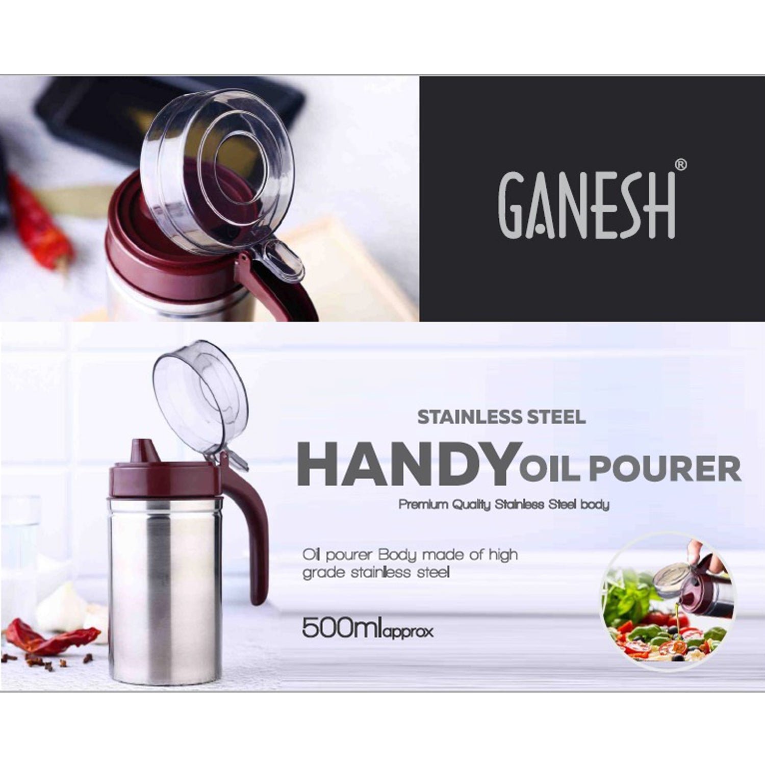 Stainless Steel Oil Dispenser – 500ml Anti-Drip | Ganesh