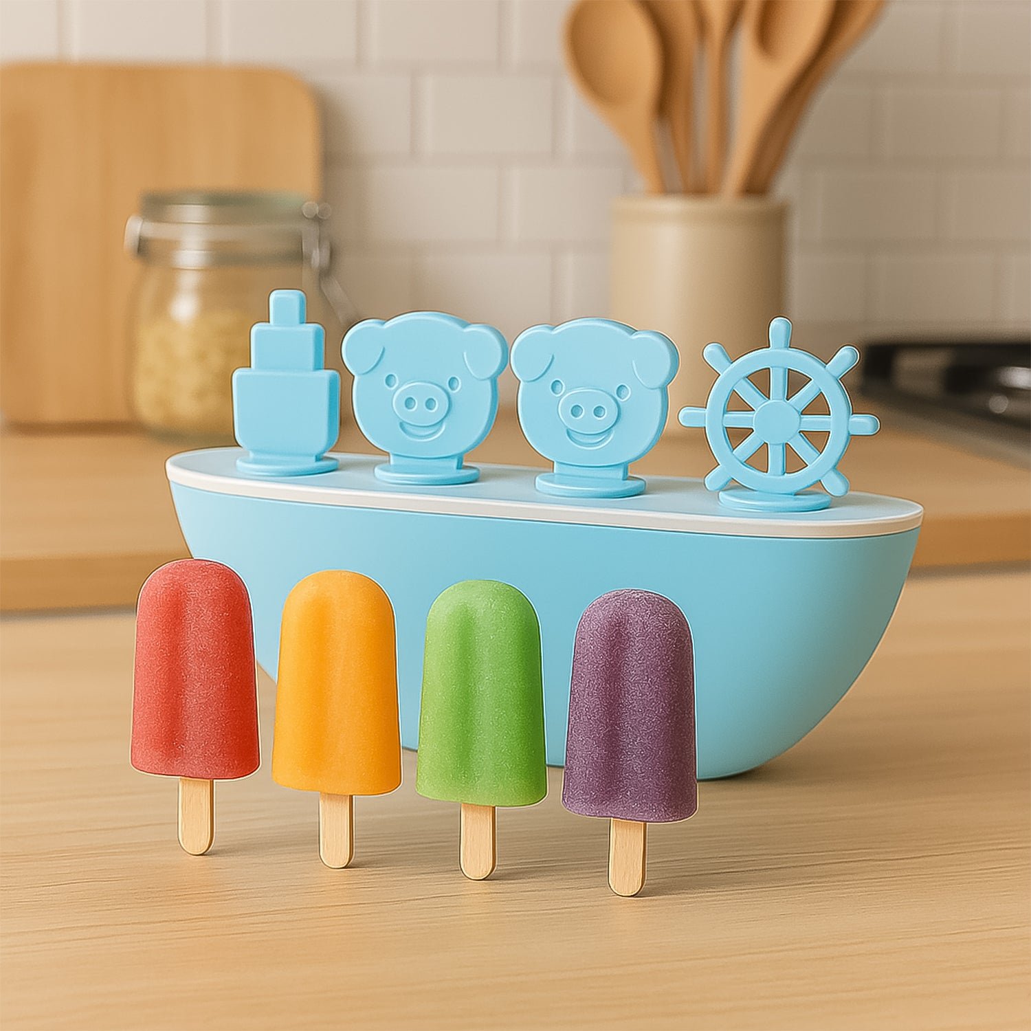 Boat-Shaped Ice Cream Mould with Piggy Design – 4 Cavity Popsicle Maker