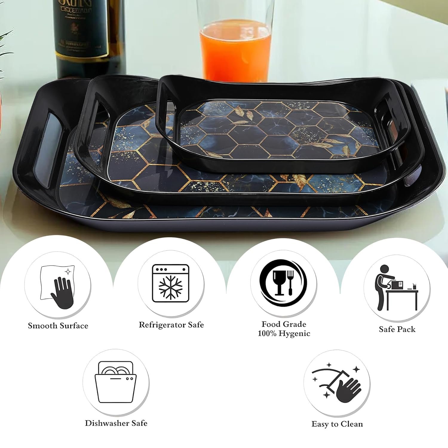 Plastic Serving Tray Set – Elegant Hexagonal 3-Piece Combo