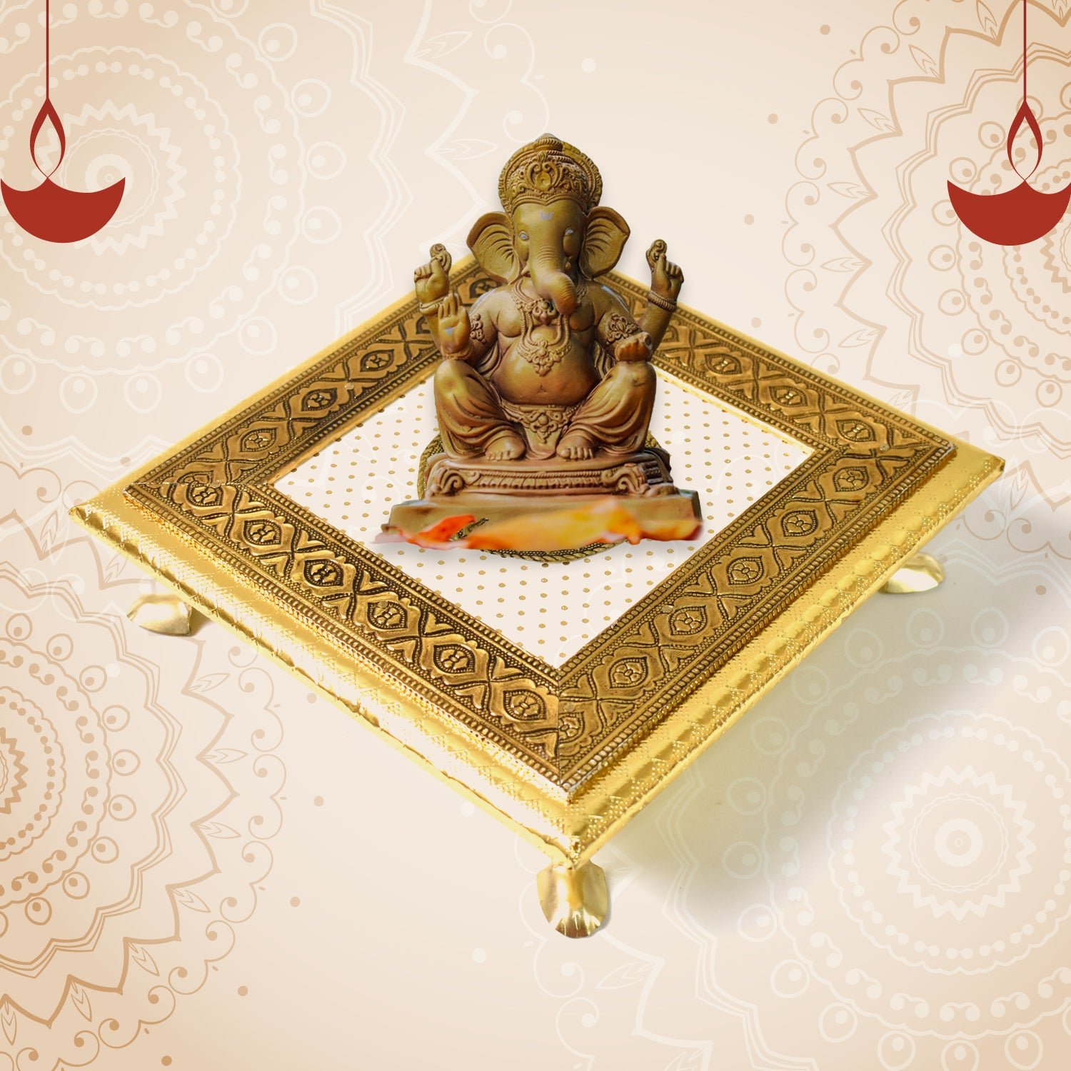 Pooja Chowki – Golden Square Wooden Bajot (20x20 CM) | Styleva
