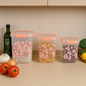 Airtight Food Storage Set – Square Floral Design, 3 Pcs