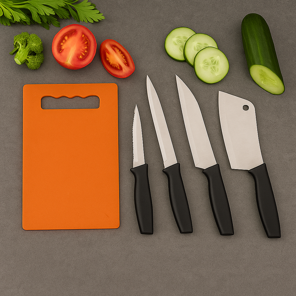 Kitchen Knife Set with Plastic Chopping Board – Pack of 5