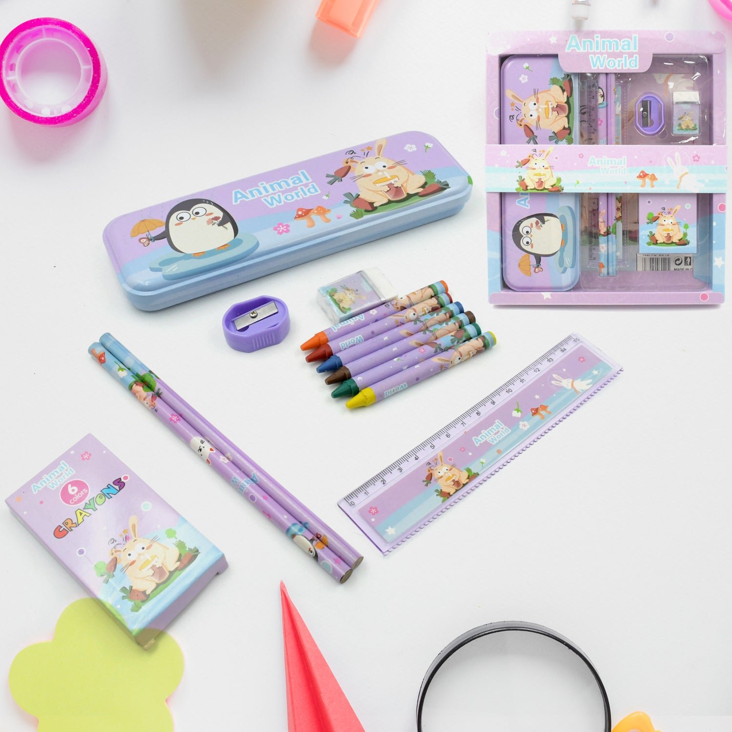 Stationery Kit for Kids – 12 Pc Metal Pencil Box Set | ScribbleJoy