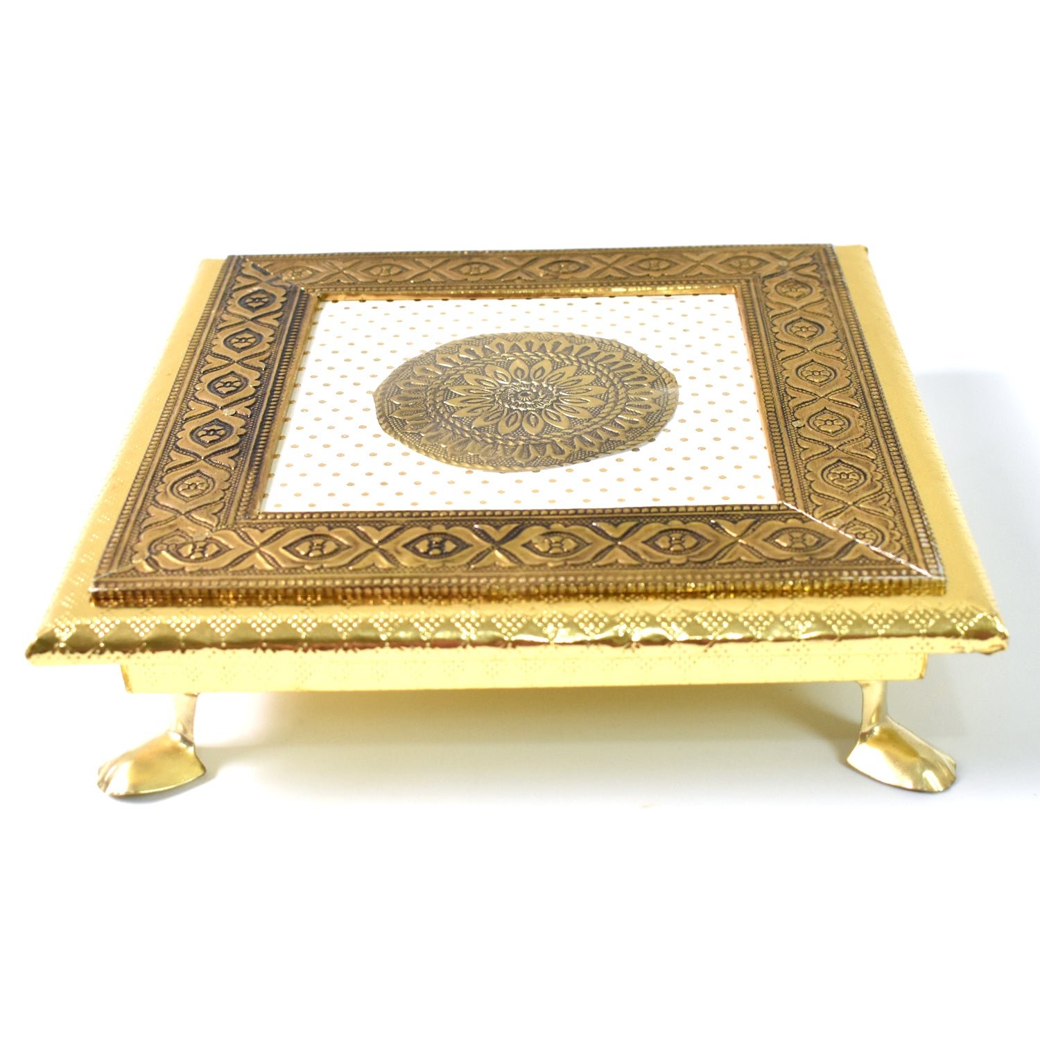 Pooja Chowki – Golden Square Wooden Bajot (20x20 CM) | Styleva