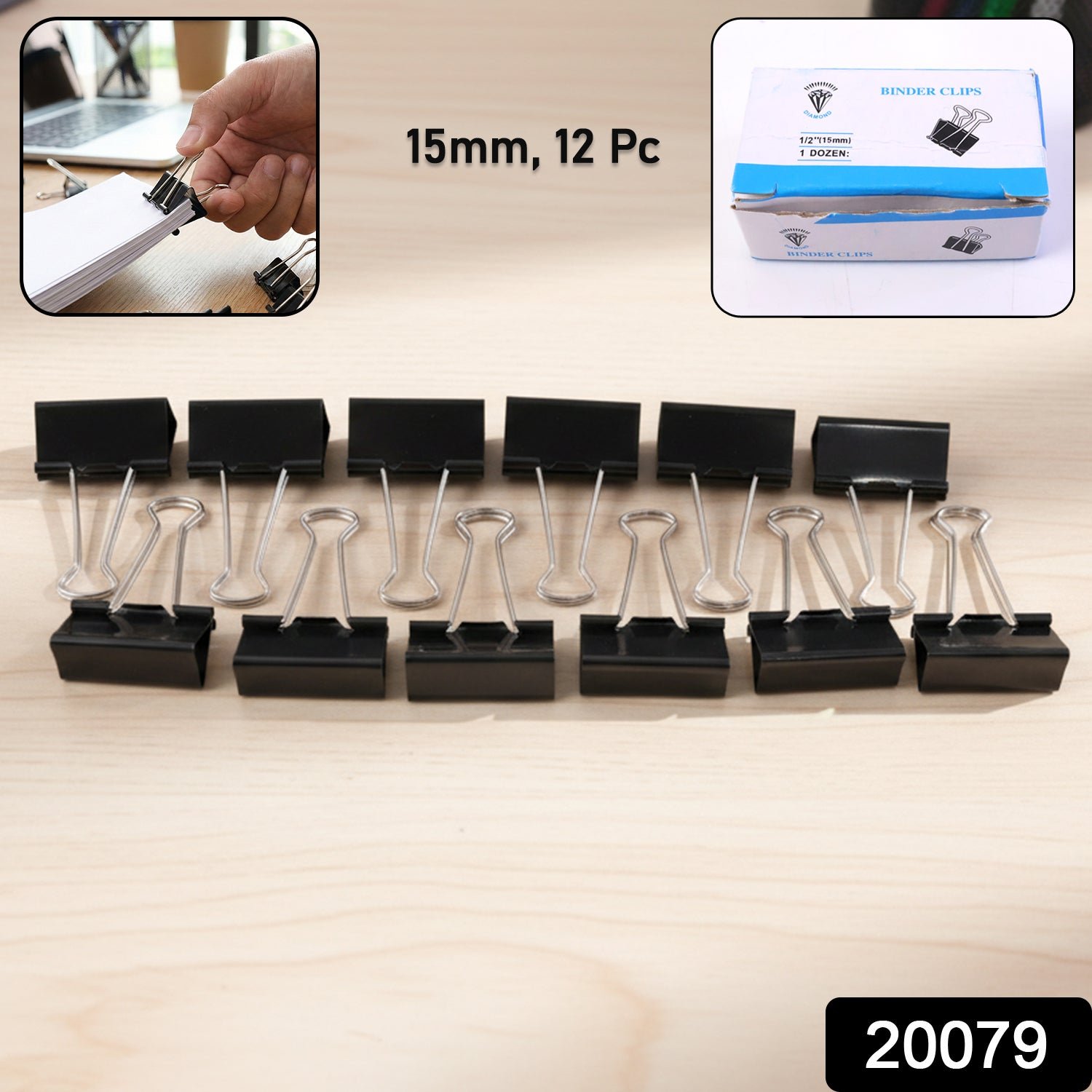 Black Metal Binder Clips – Strong 15mm Paper Holders, 12-Pack