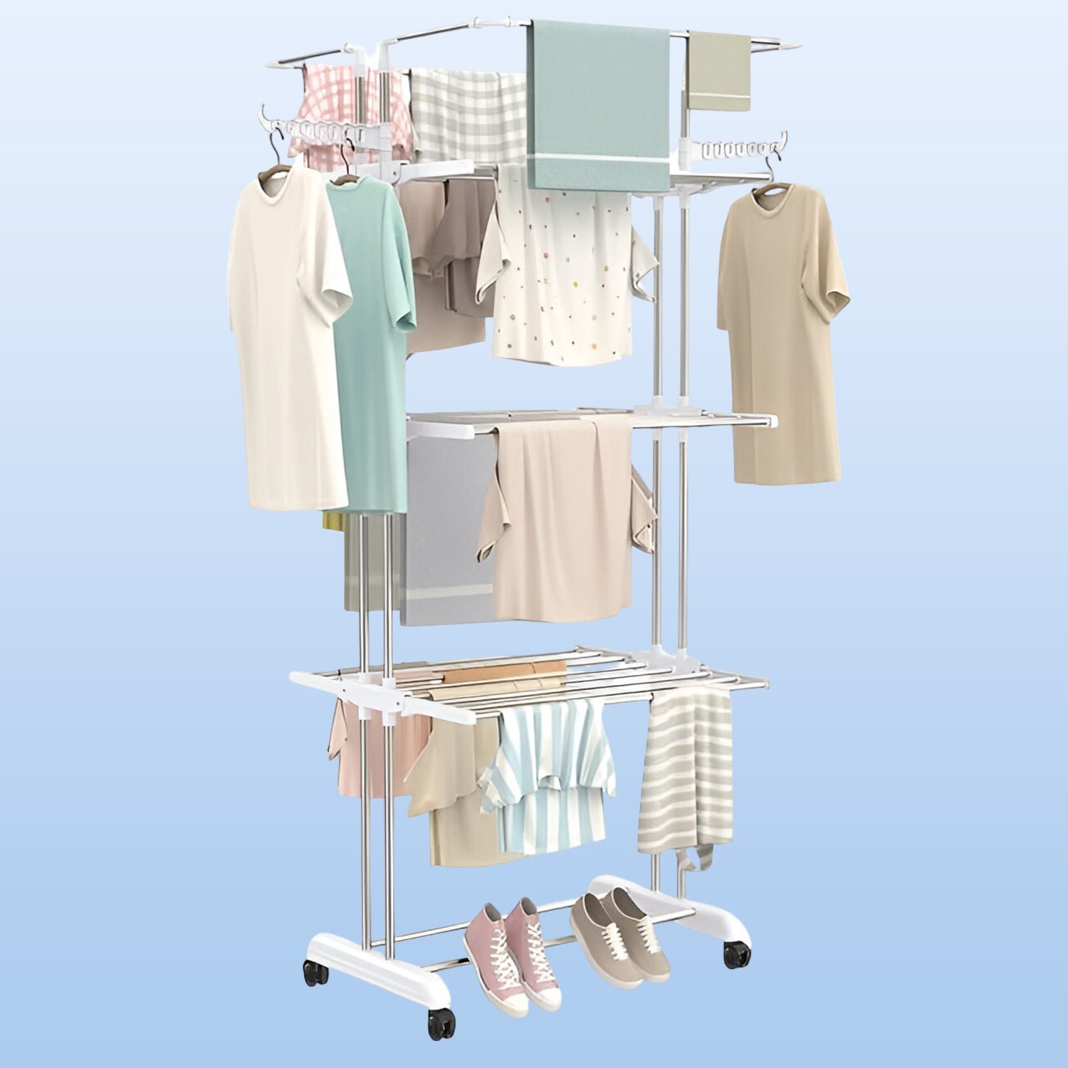 Cloth Drying Stand – 3-Tier Foldable Stainless Steel with Wheels