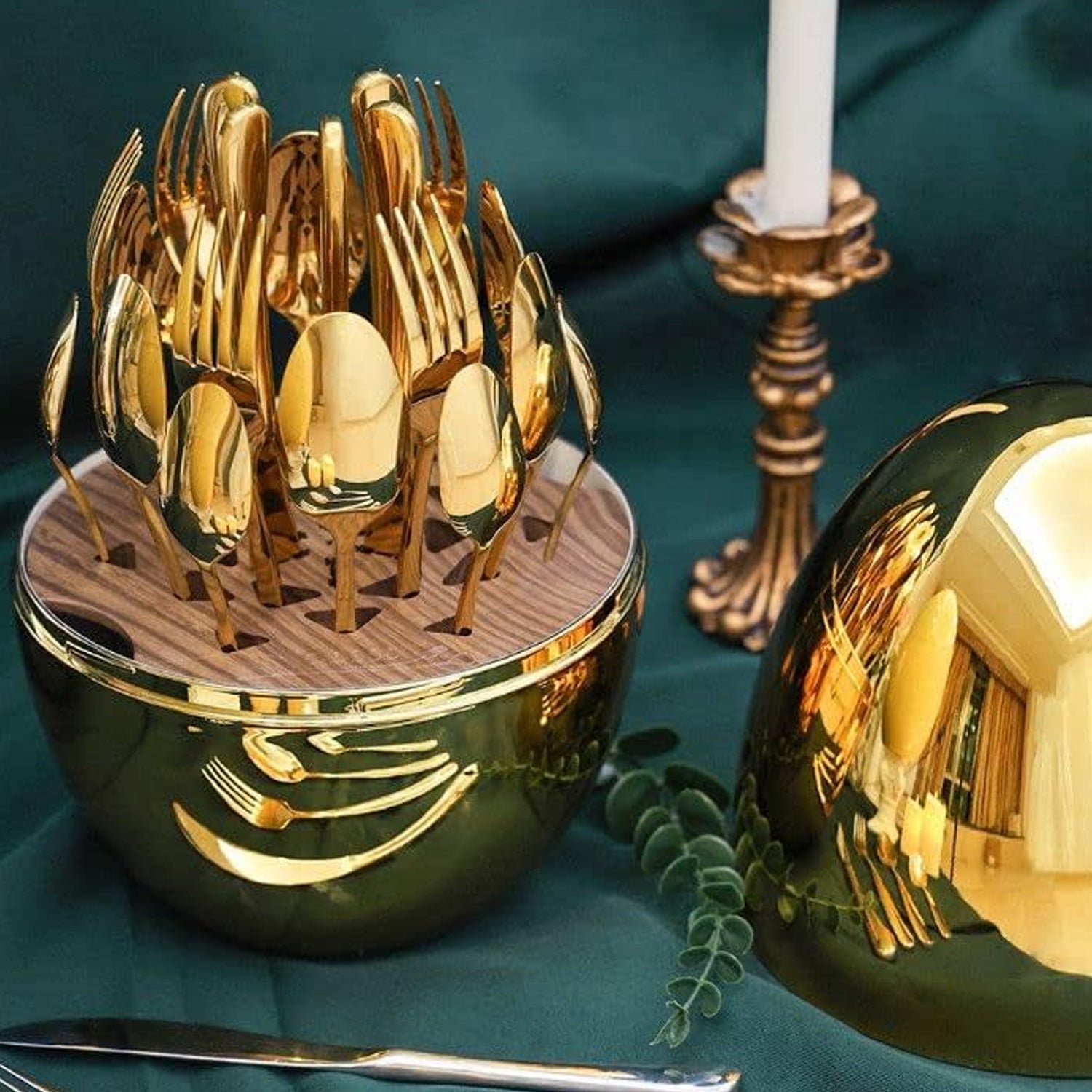 Golden Cutlery Set – 24-Pc with Oval Stand | Serve Stellar