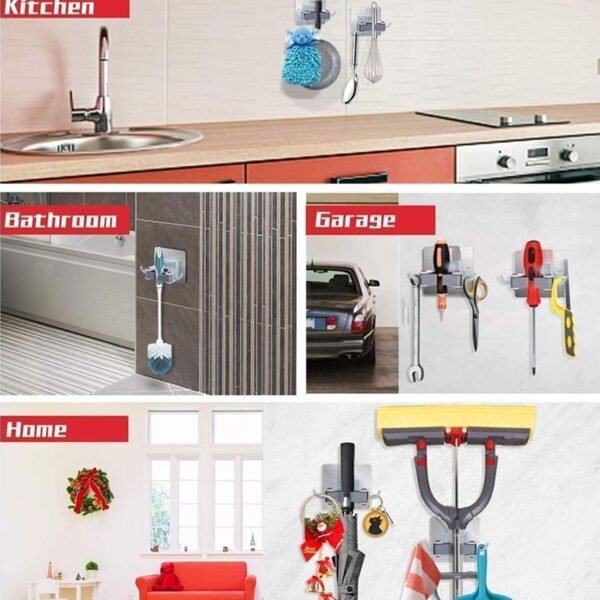 Mop & Broom Holder Clip – Strong Adhesive & Side Hook