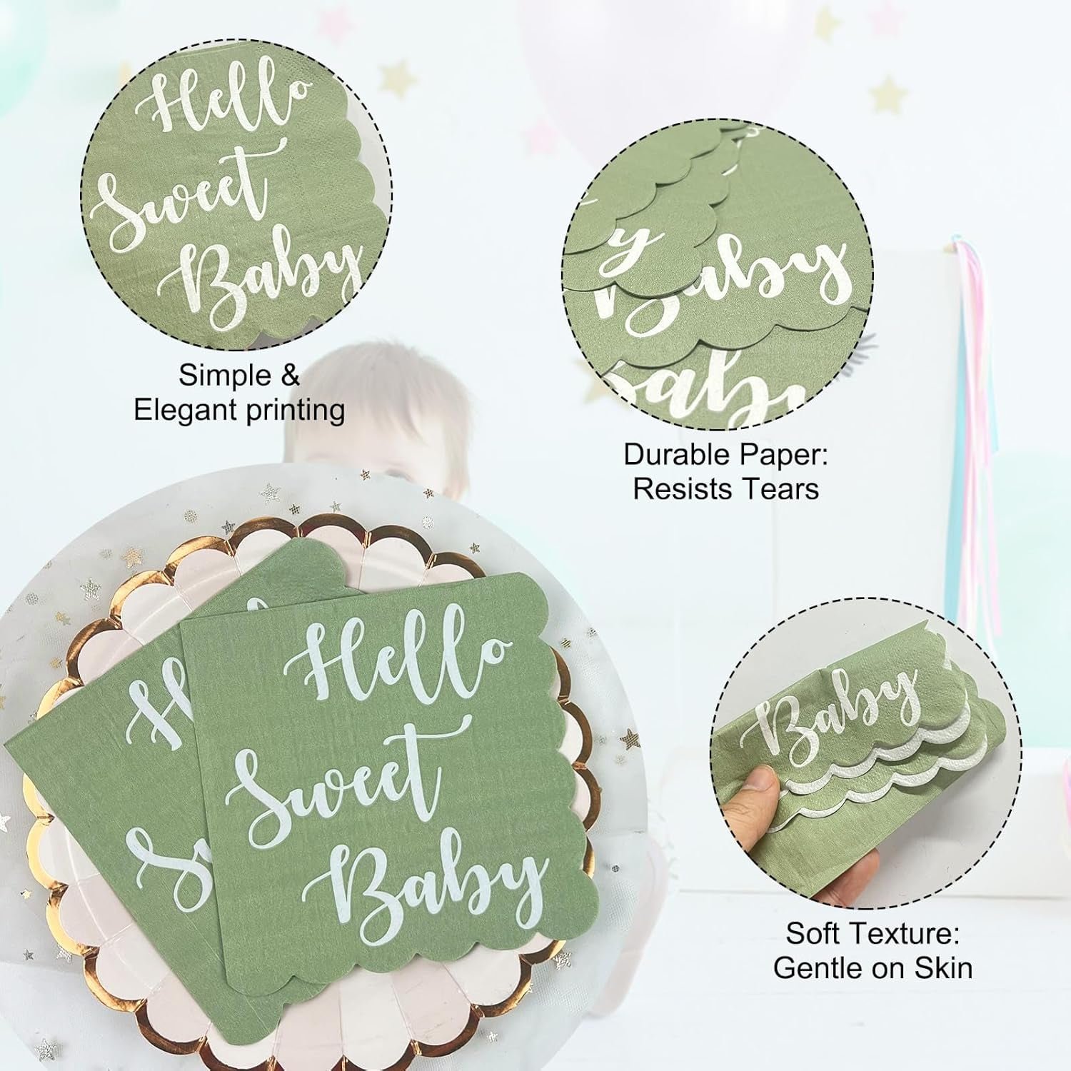 Hello Sweet Baby Party Paper Napkins – Soft Mint Green 24 Pc