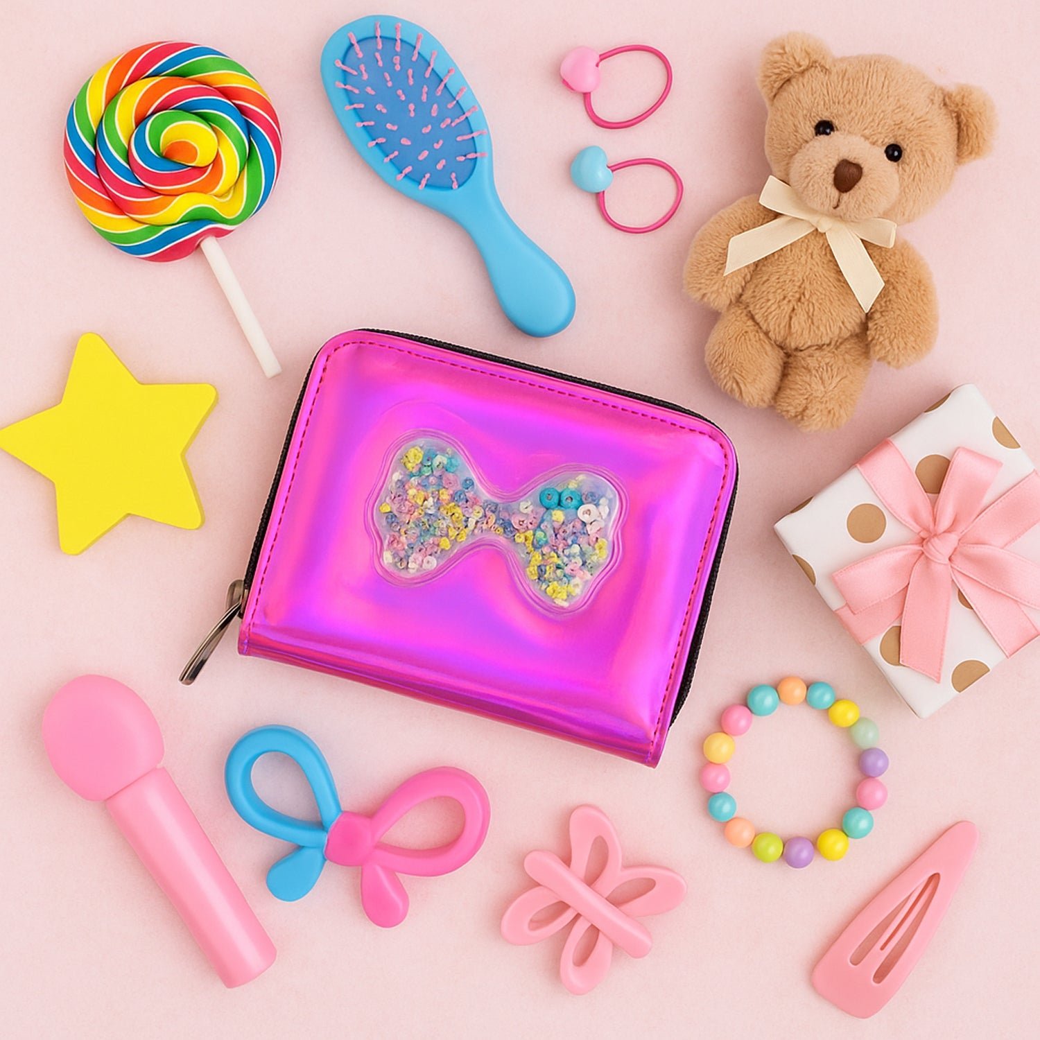 Kids Wallet – Vibrant Holographic Zip Closure with Glitter Bow