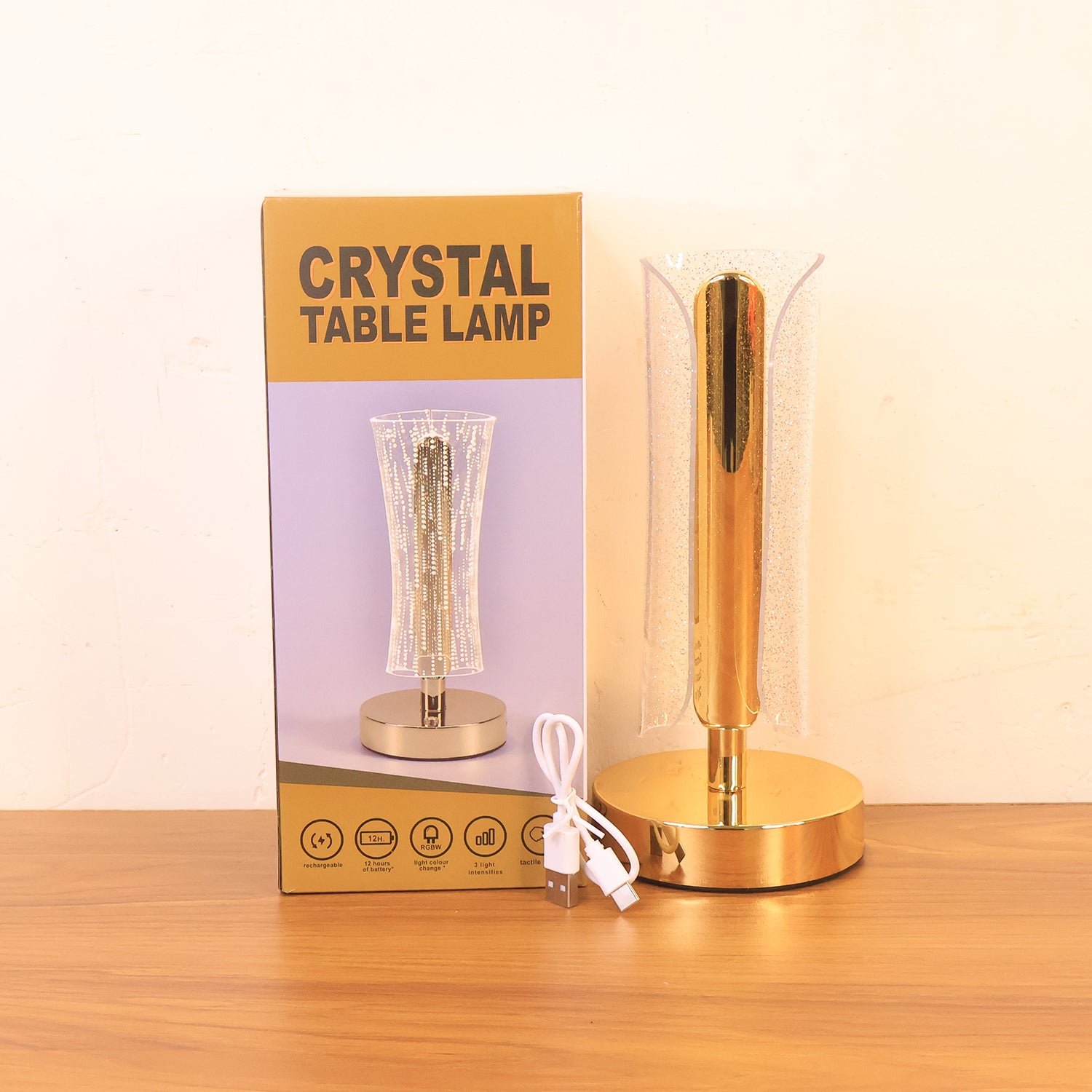 Crystal Table Lamp – Tall Cylindrical LED with USB Charging